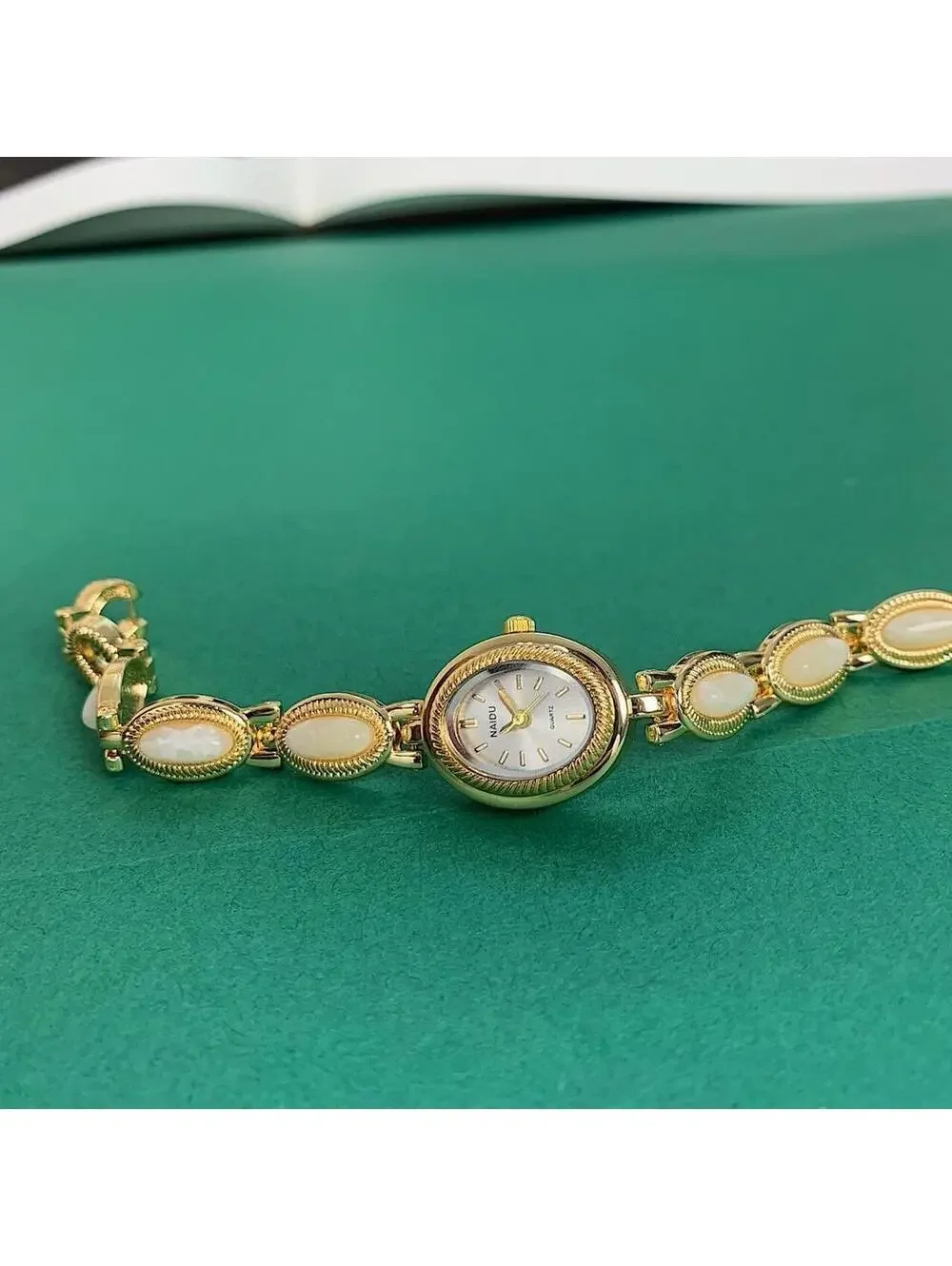 Y2k style Dainty cute Gold style tone quartz watch with lime green jade stone op